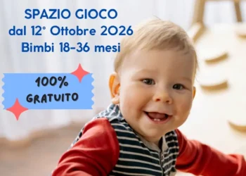 Locandina Spazio Gioco: bambino sorridente in maglia a righe, scritte «dal 12 ottobre 2026», «18-36 mesi», «100% gratuito»