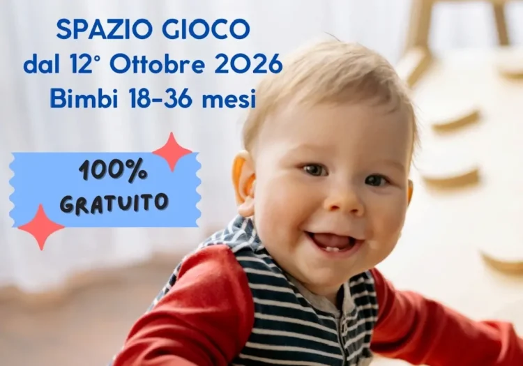 Locandina Spazio Gioco: bambino sorridente in maglia a righe, scritte «dal 12 ottobre 2026», «18-36 mesi», «100% gratuito»