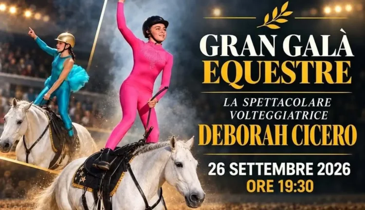 Locandina del Gran Galà Equestre: volteggiatrici su cavalli bianchi, spettacoli equestri Fiera di Ragusa