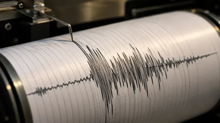Sismografo a tamburo registra le onde di un terremoto, con il pennino sul tracciato nero su carta bianca