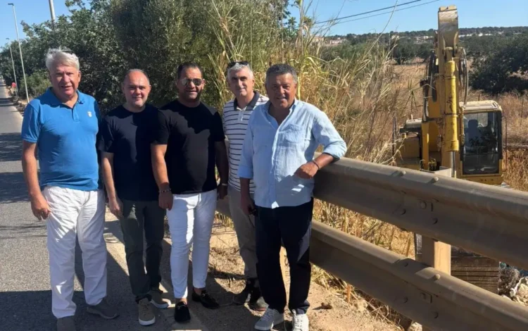 Cinque uomini in piedi lungo un guardrail nei pressi del torrente Trippatore, con un escavatore al lavoro sullo sfondo