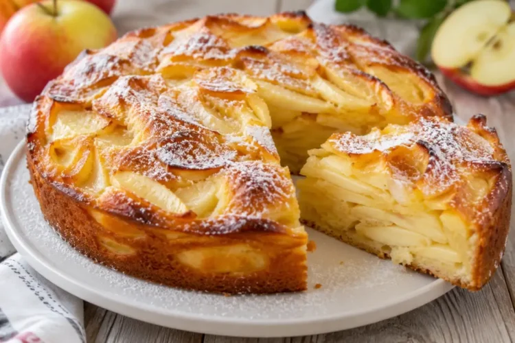 Torta di mele cremosa tagliata, con strati di mela e zucchero a velo. Immagine generata con intelligenza artificiale
