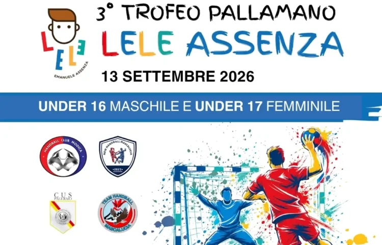Locandina del Trofeo Lele Assenza di pallamano a Modica, 13 settembre 2026, con i loghi delle squadre partecipanti