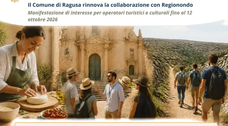 Turismo esperienziale a Ragusa: guida con turisti davanti a una chiesa barocca e cooking class. Immagine generata con intelligenza artificiale