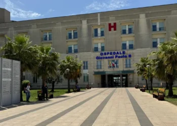 Ingresso dell'ospedale Giovanni Paolo II di Ragusa, dove si tengono le visite senologiche, con viale pedonale e palme