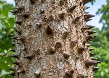 Tronco di albero dinamite coperto di aculei conici scuri, sullo sfondo foglie verdi. Immagine generata con intelligenza artificiale