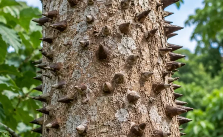 Tronco di albero dinamite coperto di aculei conici scuri, sullo sfondo foglie verdi. Immagine generata con intelligenza artificiale
