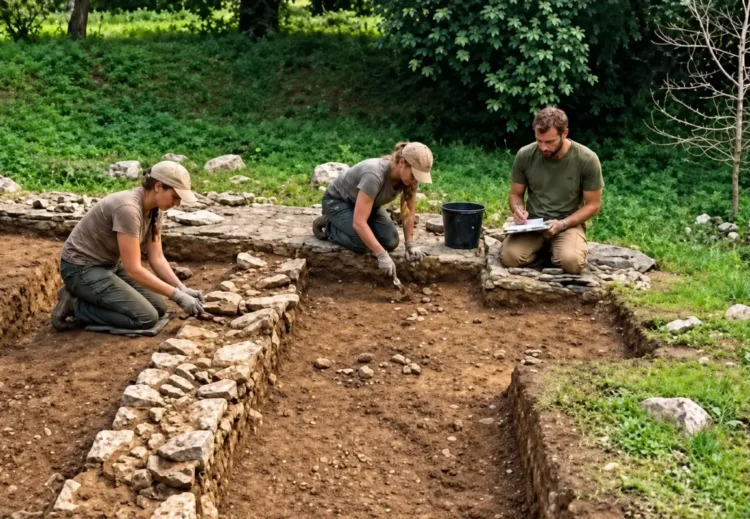 Tre archeologi in ginocchio scavano in una trincea vicino a un muretto di pietre a secco, durante uno scavo archeologico all’aperto