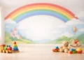 Stanza per asili nido con arcobaleno dipinto, trenino, peluche e cubi sul parquet. Immagine generata con intelligenza artificiale