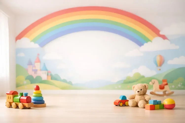 Stanza per asili nido con arcobaleno dipinto, trenino, peluche e cubi sul parquet. Immagine generata con intelligenza artificiale