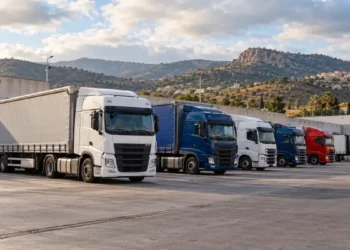 Camion fermi in un piazzale logistico durante lo sciopero dei tir in Sicilia. Immagine generata con intelligenza artificiale