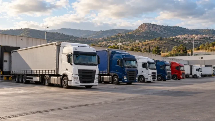 Camion fermi in un piazzale logistico durante lo sciopero dei tir in Sicilia. Immagine generata con intelligenza artificiale