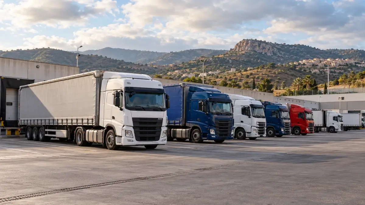 Camion fermi in un piazzale logistico durante lo sciopero dei tir in Sicilia. Immagine generata con intelligenza artificiale