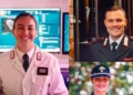 Tre carabinieri sorridenti: una donna in camice da laboratorio, un uomo in divisa scura e una donna con il berretto