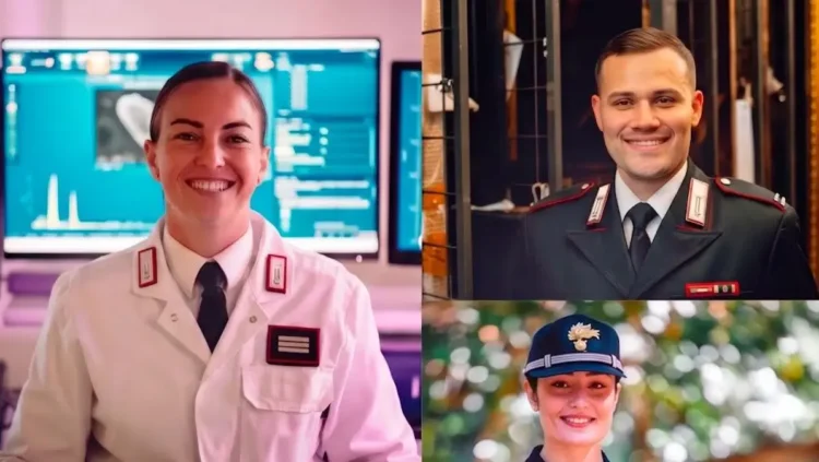 Tre carabinieri sorridenti: una donna in camice da laboratorio, un uomo in divisa scura e una donna con il berretto