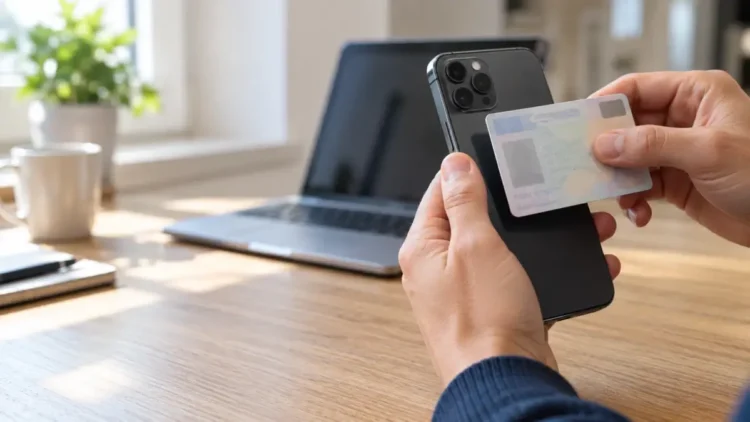 Carta d’identità elettronica avvicinata allo smartphone per entrare con Cie. Immagine generata con intelligenza artificiale