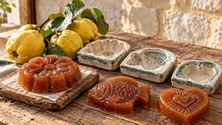 Fette di cotognata siciliana e formine di terracotta smaltata. Immagine generata con intelligenza artificiale