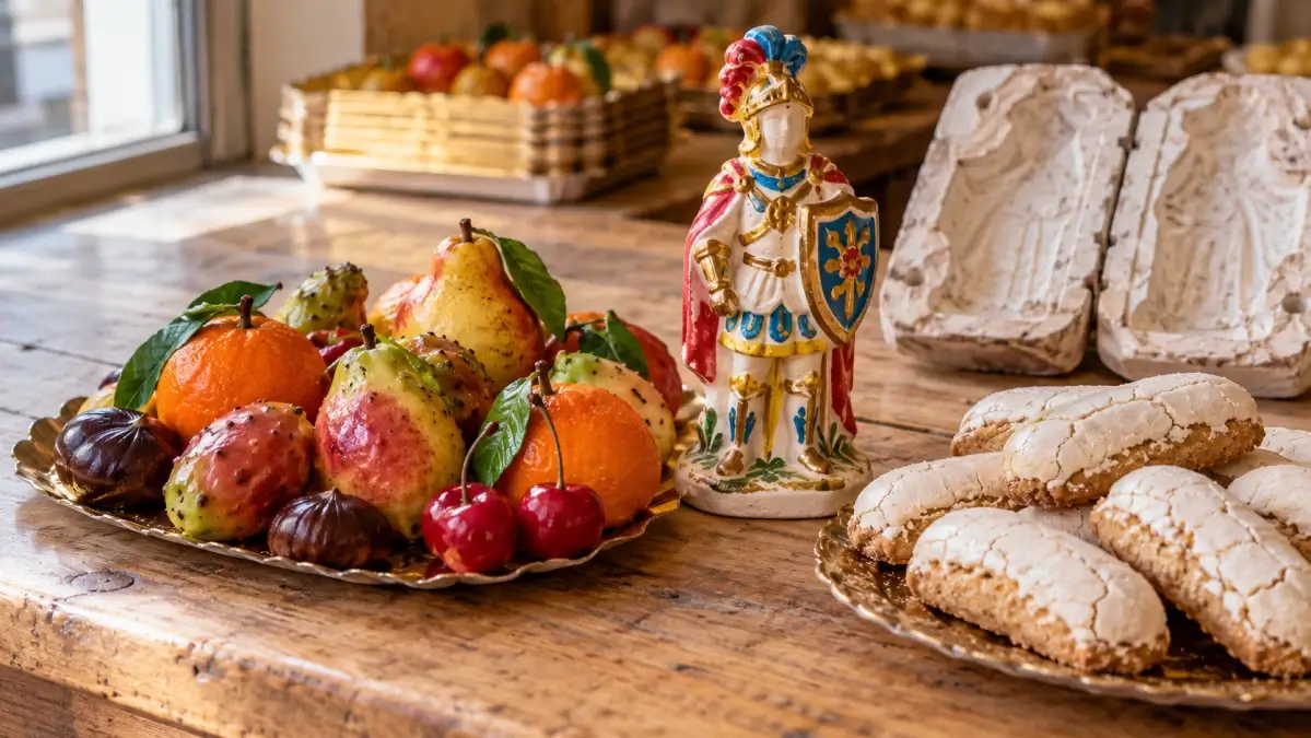 Dolci dei morti siciliani: martorana, pupo di zucchero e ossa di morto. Immagine generata con intelligenza artificiale.