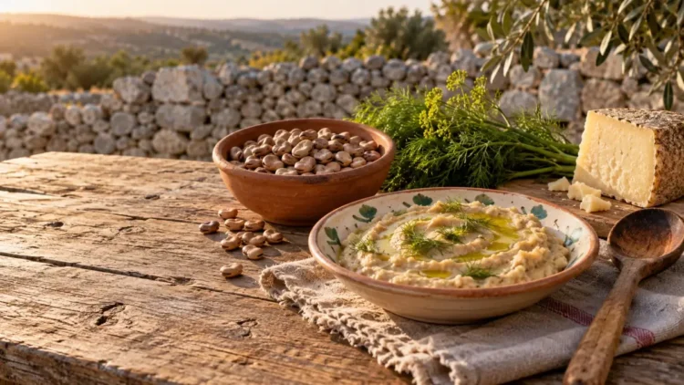 Fava cottoia di Modica secca in una ciotola e un piatto di maccu di fave. Immagine generata con intelligenza artificiale
