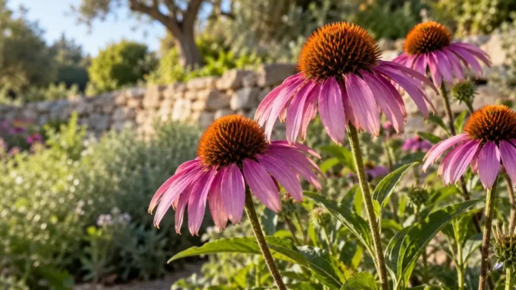 Fiori di echinacea purpurea con petali rosa e cono arancio in un’aiuola. Immagine generata con intelligenza artificiale.