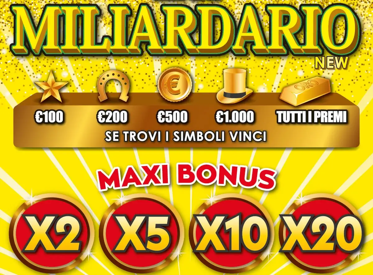 Grafica del Gratta e Vinci Maxi Miliardario New con i simboli dei premi da 100 a 1.000 euro e i moltiplicatori del Maxi Bonus