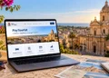 Laptop con portale dell’imposta di soggiorno su un terrazzo a Ispica. Immagine generata con intelligenza artificiale.