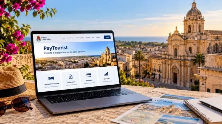 Laptop con portale dell’imposta di soggiorno su un terrazzo a Ispica. Immagine generata con intelligenza artificiale.