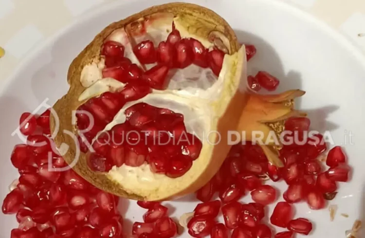Melograno aperto a metà su un piatto bianco, con i chicchi rossi sparsi tutto intorno