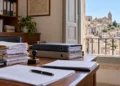 Pratiche contabili su una scrivania di un ufficio comunale a Monterosso Almo. Immagine generata con intelligenza artificiale.