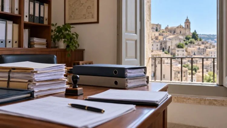 Pratiche contabili su una scrivania di un ufficio comunale a Monterosso Almo. Immagine generata con intelligenza artificiale.