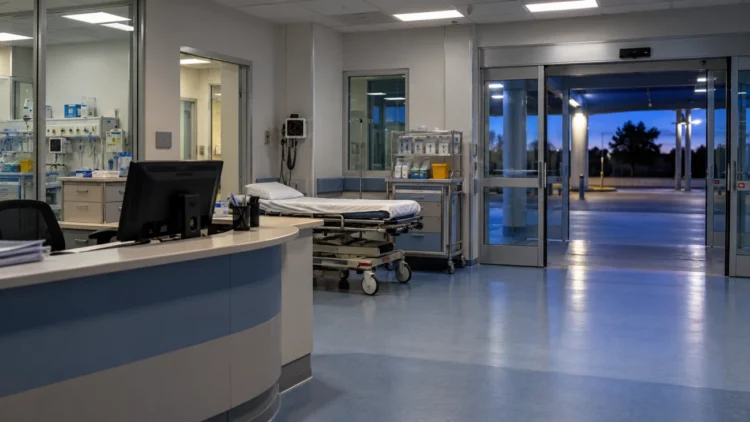 Zona triage di un pronto soccorso vuota di notte, caso morte Emanuele Cafiso. Immagine generata con intelligenza artificiale.