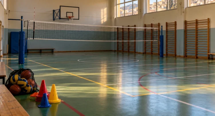 Palestra scolastica vuota a Ragusa con canestro, rete da pallavolo e parquet. Immagine generata con intelligenza artificiale.