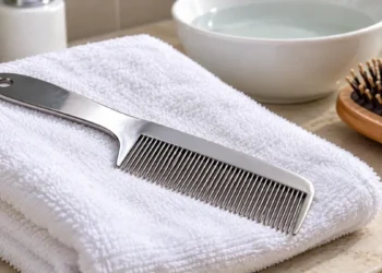 Pettine a denti fitti su un asciugamano, usato per eliminare i pidocchi. Immagine generata con intelligenza artificiale