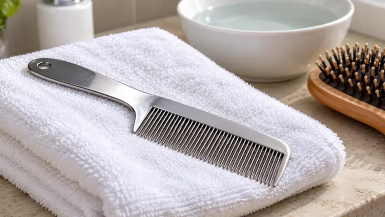 Pettine a denti fitti su un asciugamano, usato per eliminare i pidocchi. Immagine generata con intelligenza artificiale