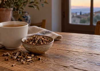 Radice essiccata di valeriana e tisana per dormire su un tavolo di legno. Immagine generata con intelligenza artificiale.