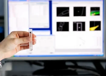 Vetrino con tessuto al microscopio in un laboratorio sul tumore al seno