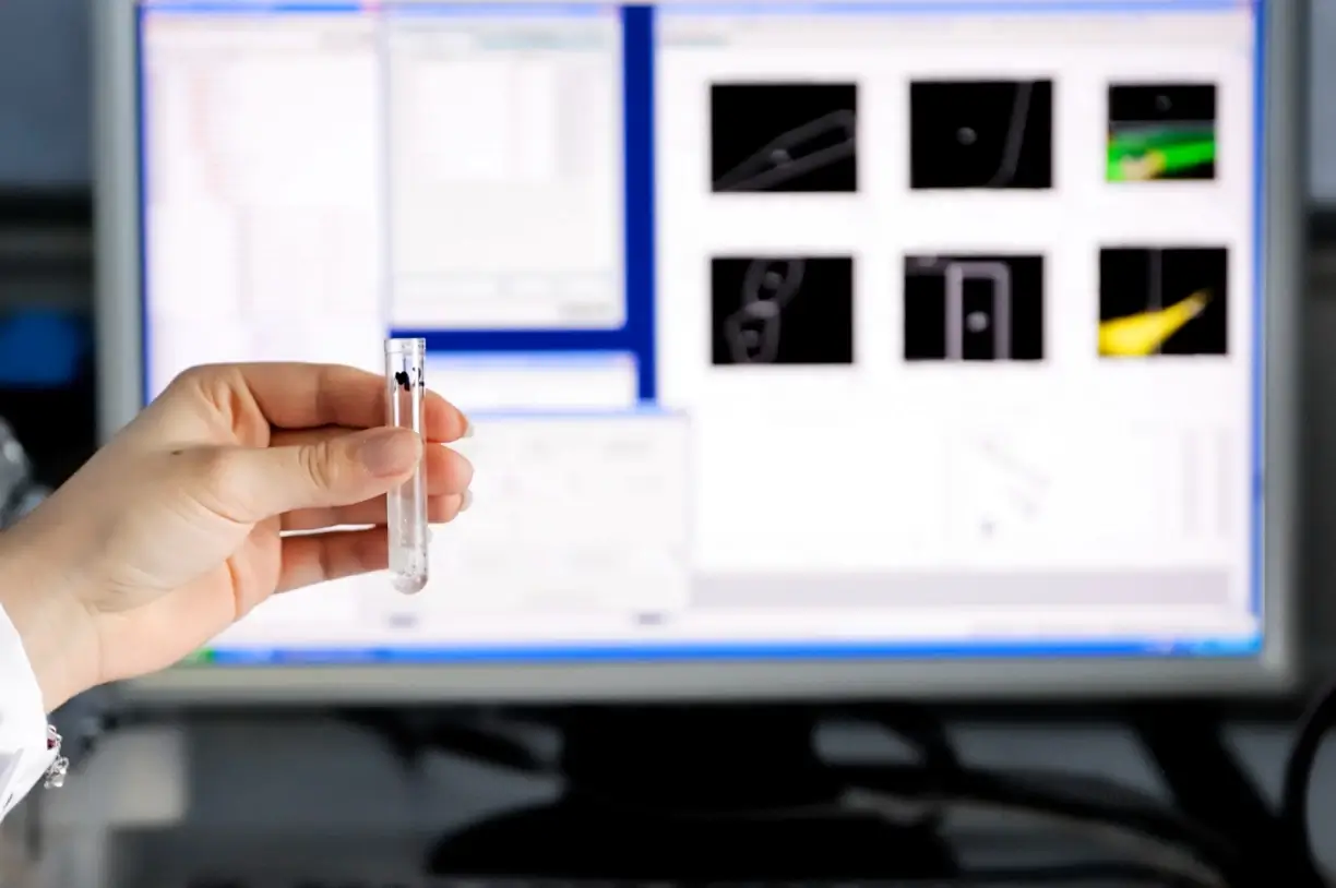 Vetrino con tessuto al microscopio in un laboratorio sul tumore al seno