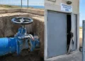 Saracinesca blu in un pozzetto dell’acquedotto di Scoglitti e porta metallica dell’impianto piegata e aperta