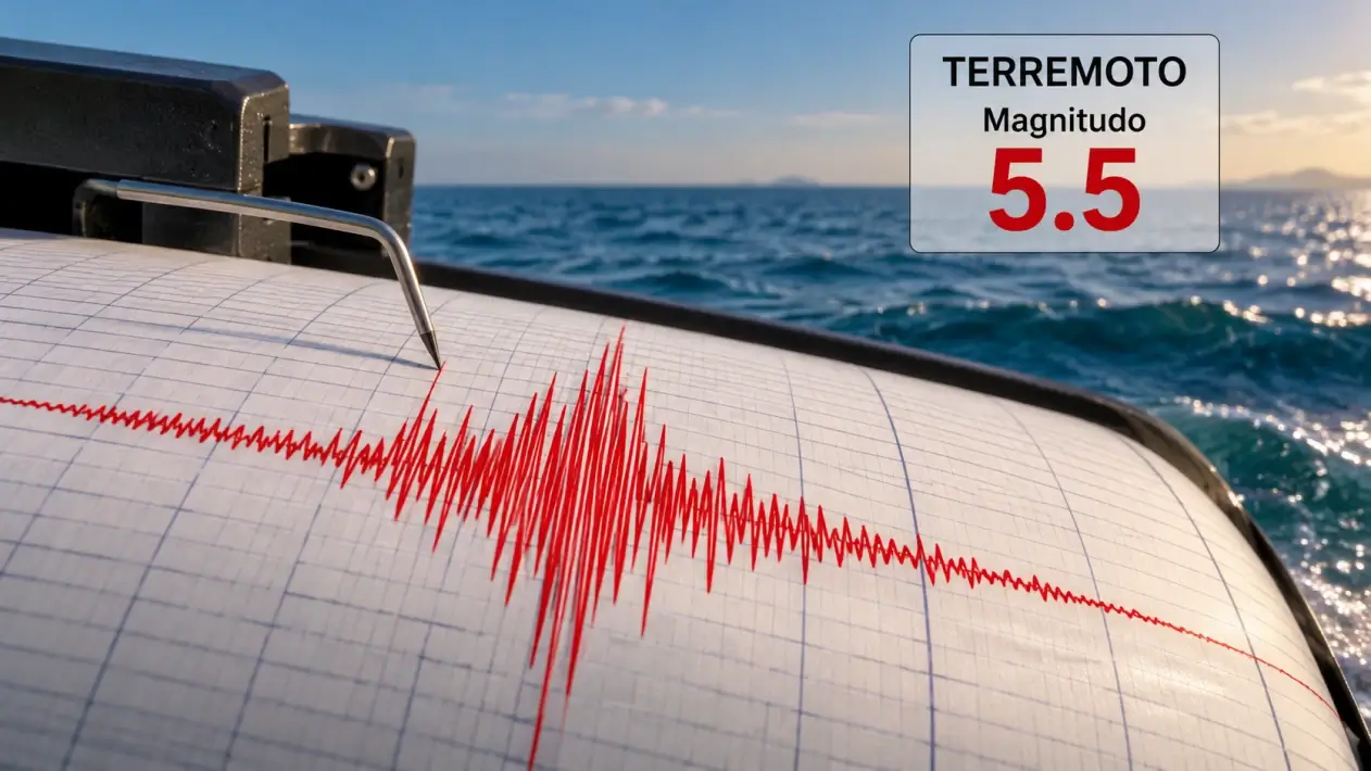 Sismografo che traccia in rosso una scossa davanti al mare, con la scritta Terremoto magnitudo 5.5. Immagine generata con intelligenza artificiale.