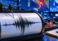 Sismografo registra un terremoto, sullo sfondo mappa dell’Italia meridionale. Immagine generata con intelligenza artificiale.