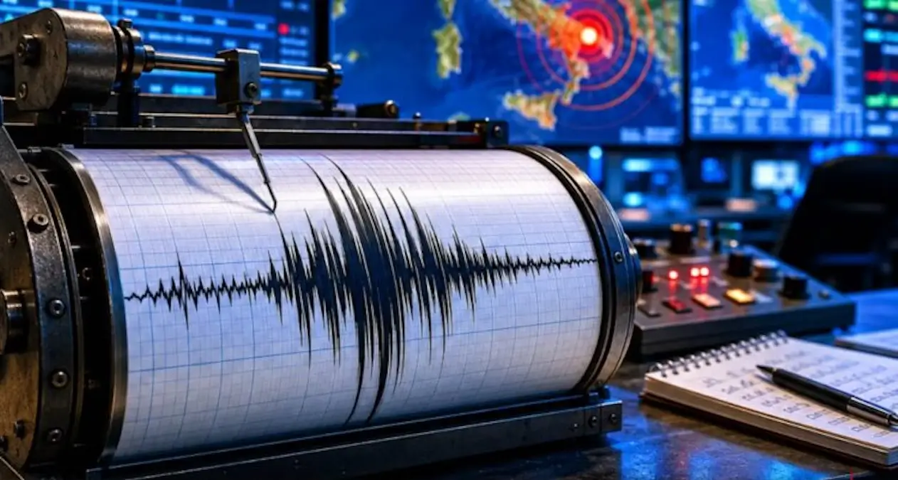 Sismografo registra un terremoto, sullo sfondo mappa dell’Italia meridionale. Immagine generata con intelligenza artificiale.