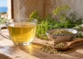 Tazza di tisana al finocchio con semi essiccati su un tavolo di legno. Immagine generata con intelligenza artificiale.