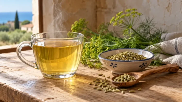 Tazza di tisana al finocchio con semi essiccati su un tavolo di legno. Immagine generata con intelligenza artificiale.