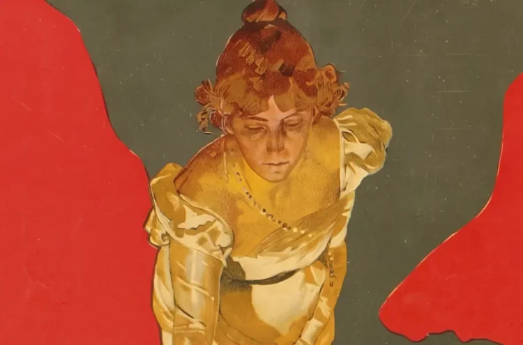 Illustrazione d’epoca di Tosca in abito chiaro tra due drappi rossi, per l’opera al Teatro Garibaldi di Modica