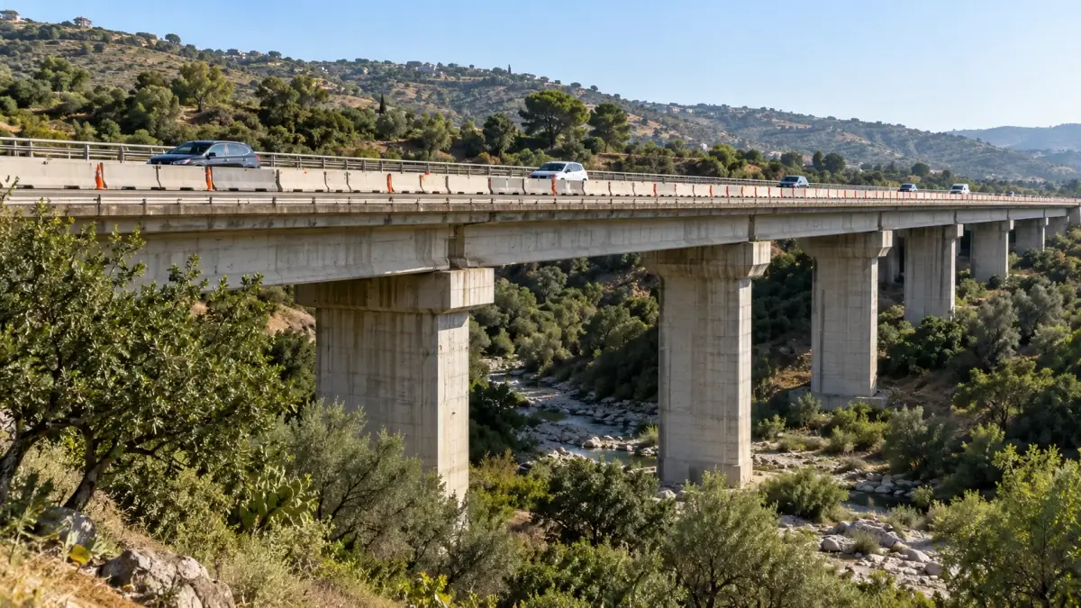 Viadotto con corsia ristretta da barriere, come il viadotto Cassibile. Immagine generata con intelligenza artificiale