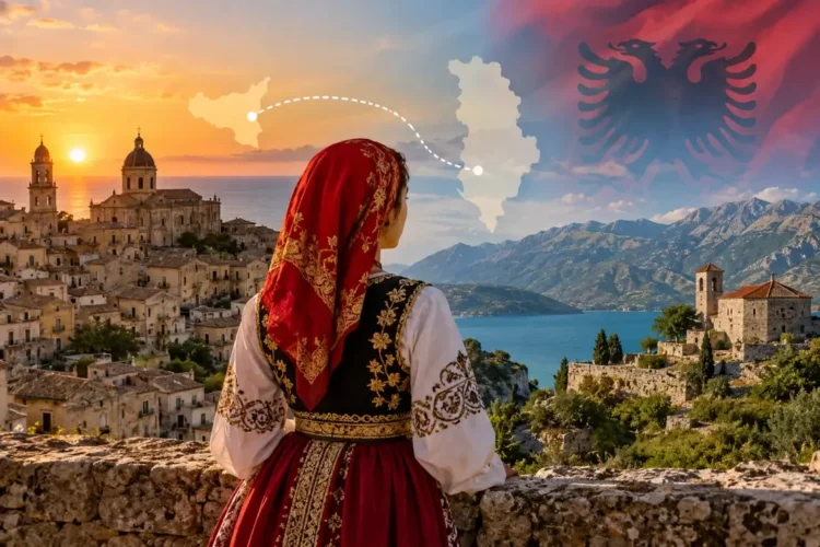 Donna in costume tradizionale guarda un borgo in Sicilia e la costa albanese. Immagine generata con intelligenza artificiale