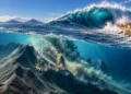 Frana su un vulcano sottomarino e onda di tsunami verso un paese costiero. Immagine generata con intelligenza artificiale.