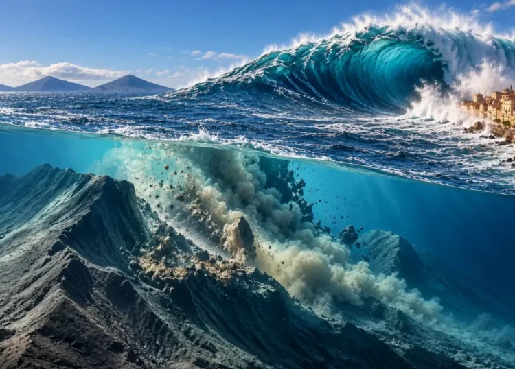 Frana su un vulcano sottomarino e onda di tsunami verso un paese costiero. Immagine generata con intelligenza artificiale.