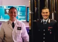 Due carabinieri sorridenti: una militare in camice bianco in un laboratorio e un maresciallo in uniforme scura