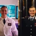Due carabinieri sorridenti: una militare in camice bianco in un laboratorio e un maresciallo in uniforme scura